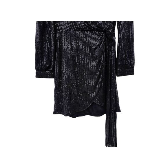 Double Crazy Black Sequin Long Sleeve Wrap Dress L - Picture 5 of 8